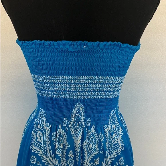 Blue Strapless Dress with White Pattern - Picture 3 of 7